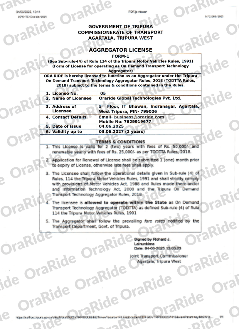 OraRide Cab Aggregator License